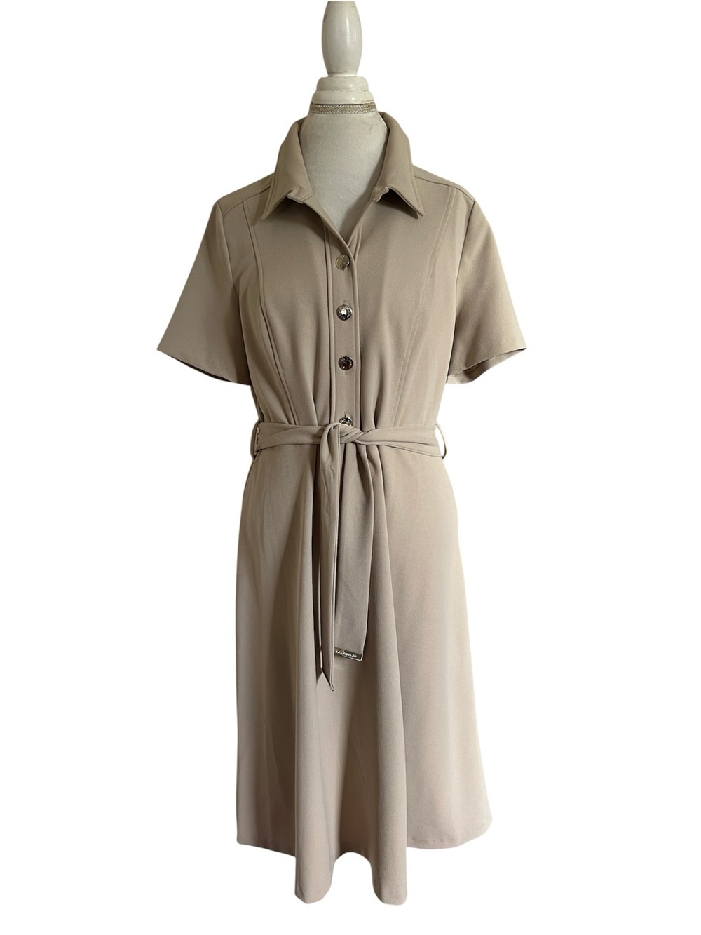 Tommy Hilfiger Tan Beige Belted Midi Shirtdress 12 Short Sleeve Button Front